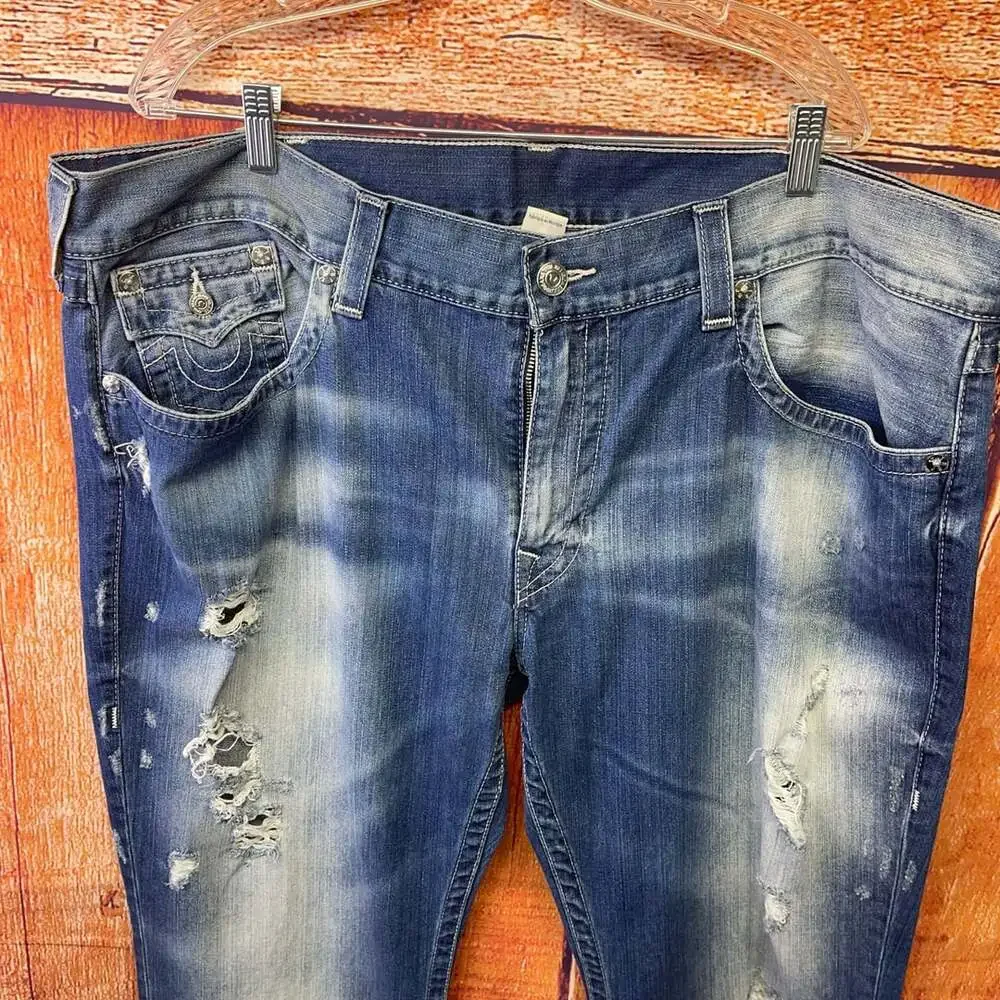 True Religion World Tour Section Straight Distressed Denim Jeans Sz 44 x 34